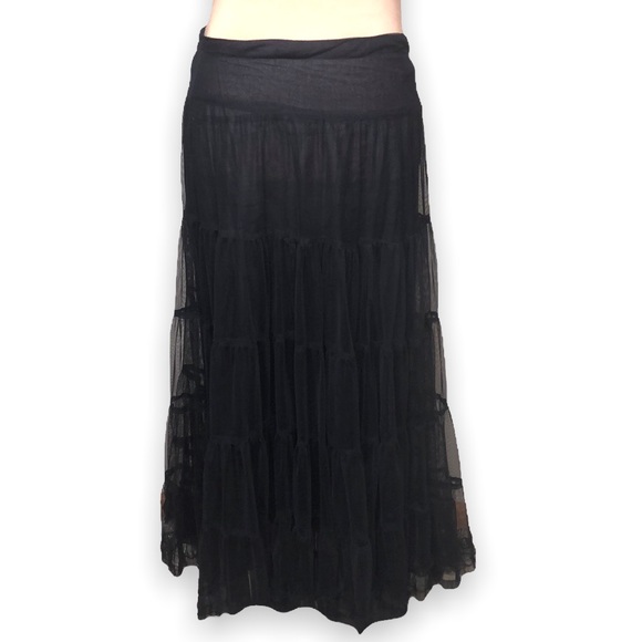 ETC Skirts Etc Maxi Skirt Black Tiered Mesh Sheer Broomstick